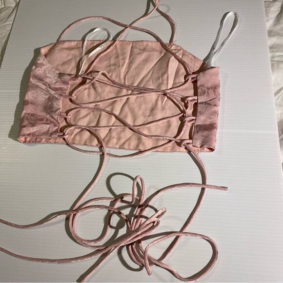 Lulus  2 piece In a Bliss Pink Floral Satin Jacquard Ruched Mini Skirt crop XS - Picture 9 of 15